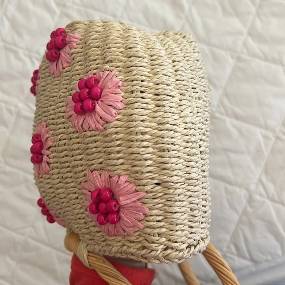 Urban Expressions Woven Straw Satchel with Pink Floral Accents